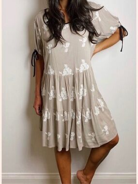 Solid Taupe Floral Midi Dress with White Embroidery